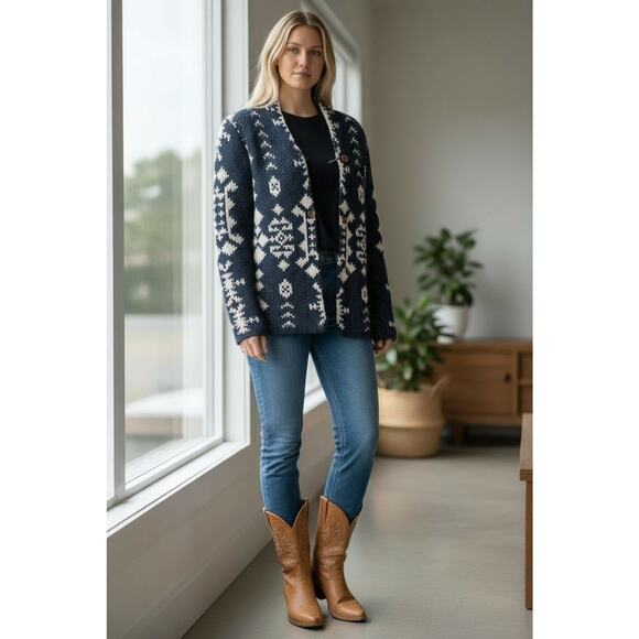 Roxy Peaceful Steph Cardigan Girls Big Sz XL Blue White Tribal Aztec Women XS/S - Picture 1 of 16